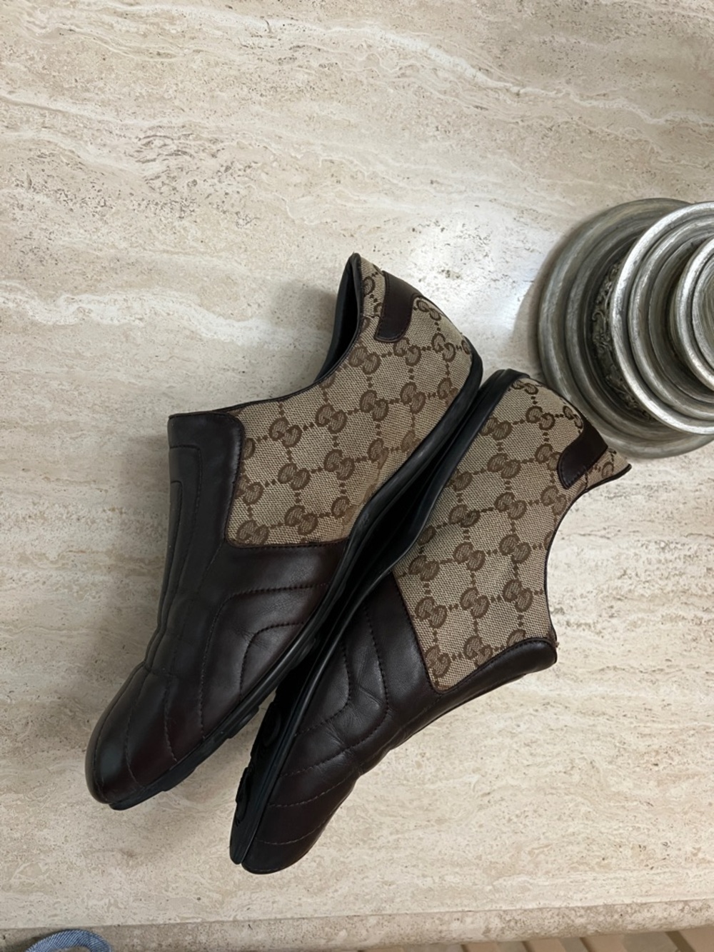 Gucci Brown Leather & GG Canvas Velcro Men’s Sneakers with Web Stripe - Picture 12 of 13